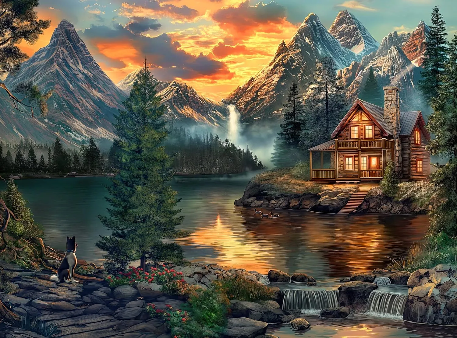 1000 Piece Jigsaw Puzzle for Adults - Mountain Cabin by a Lake - Challenging Puzzle Perfect for Game Nights - 1000 Piece for Adults. 20x27 inches