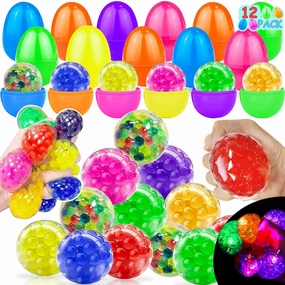 12 Pcs 3" Large Prefilled Easter Eggs with LED Light Up Stress Balls Fidget Toys for Kid Easter Basket Essential Stuffers Plastic Eggs Filler,Glow Squeeze Relief Toys Easter Eggs Hunt Party Favor