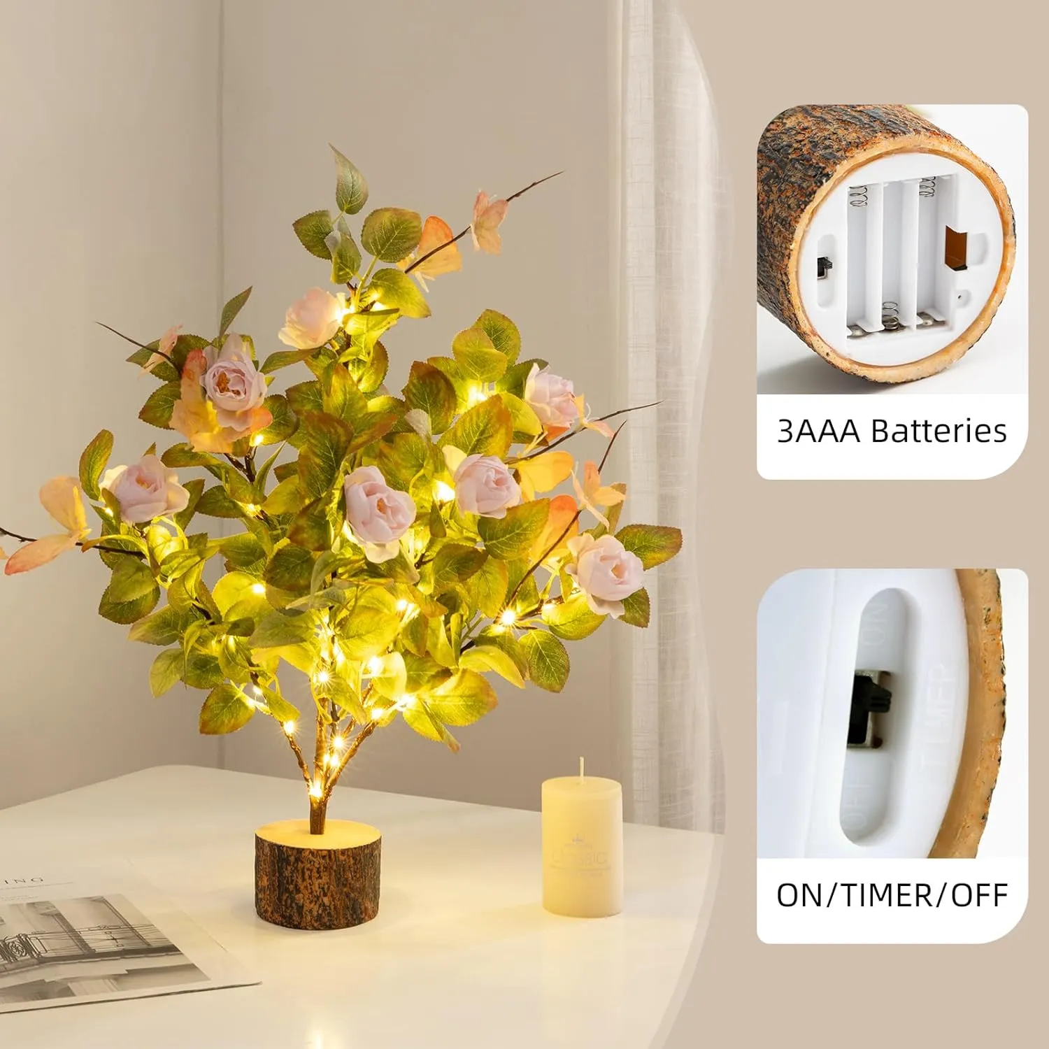 19 Inch Artificial Rose Tree Lights, Faux Silk Flower Tree with Butterfly Ivy, Prelit Tabletop Tree with Timer for Living Room Home Indoor Outdoor Decor (Pink Green)