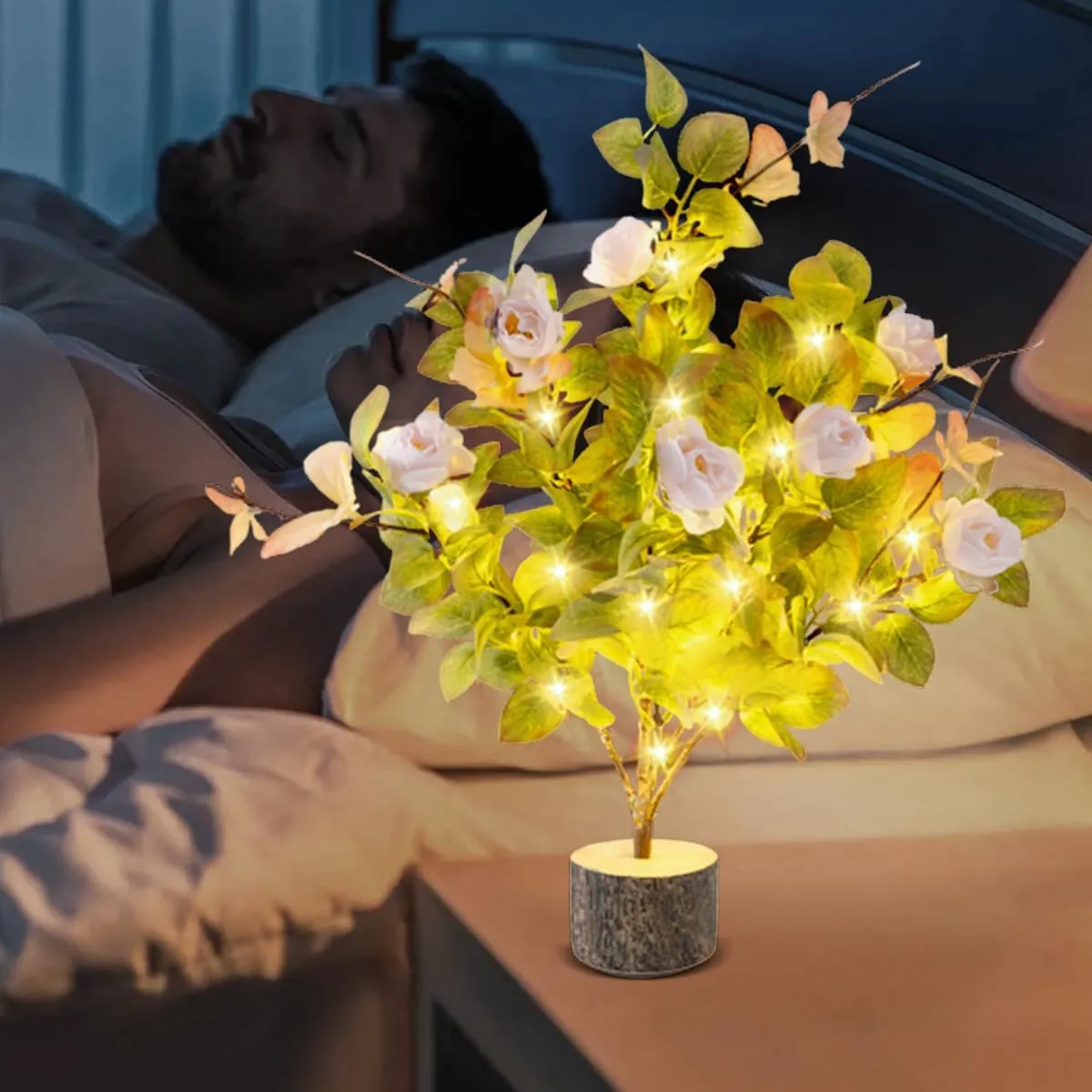 19 Inch Artificial Rose Tree Lights, Faux Silk Flower Tree with Butterfly Ivy, Prelit Tabletop Tree with Timer for Living Room Home Indoor Outdoor Decor (Pink Green)