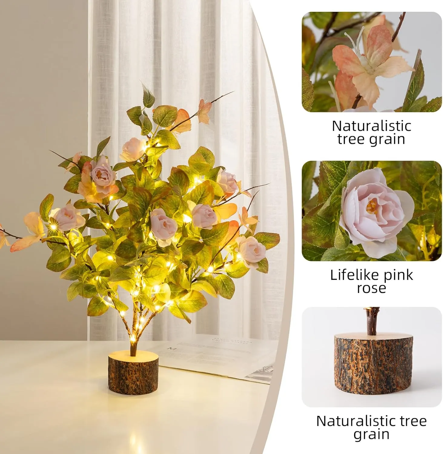 19 Inch Artificial Rose Tree Lights, Faux Silk Flower Tree with Butterfly Ivy, Prelit Tabletop Tree with Timer for Living Room Home Indoor Outdoor Decor (Pink Green)