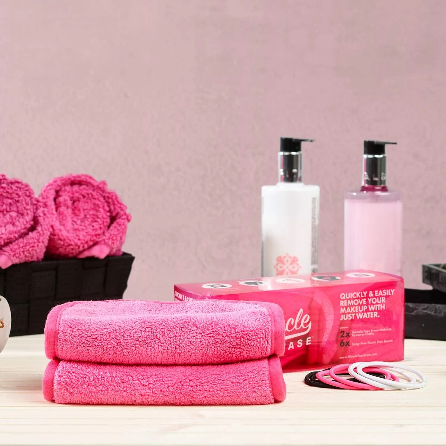 2 Pack Makeup Remover Face Cloths, Chemical-free, Microfiber, 6 Hair Ties (2 Count, Pink)