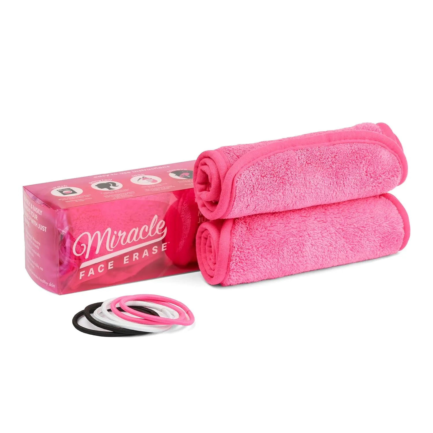 2 Pack Makeup Remover Face Cloths, Chemical-free, Microfiber, 6 Hair Ties (2 Count, Pink)
