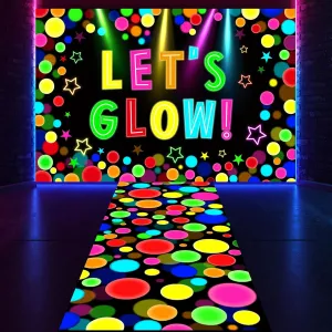 2 Pcs Neon Light up Dance Floor Glow in The Dark Aisle Runner and Disco Backdrop UV Reactive Fluorescent Runner for Birthday 70s 80s 90s Dance Wedding Neon Party Decoration (Circle Style)