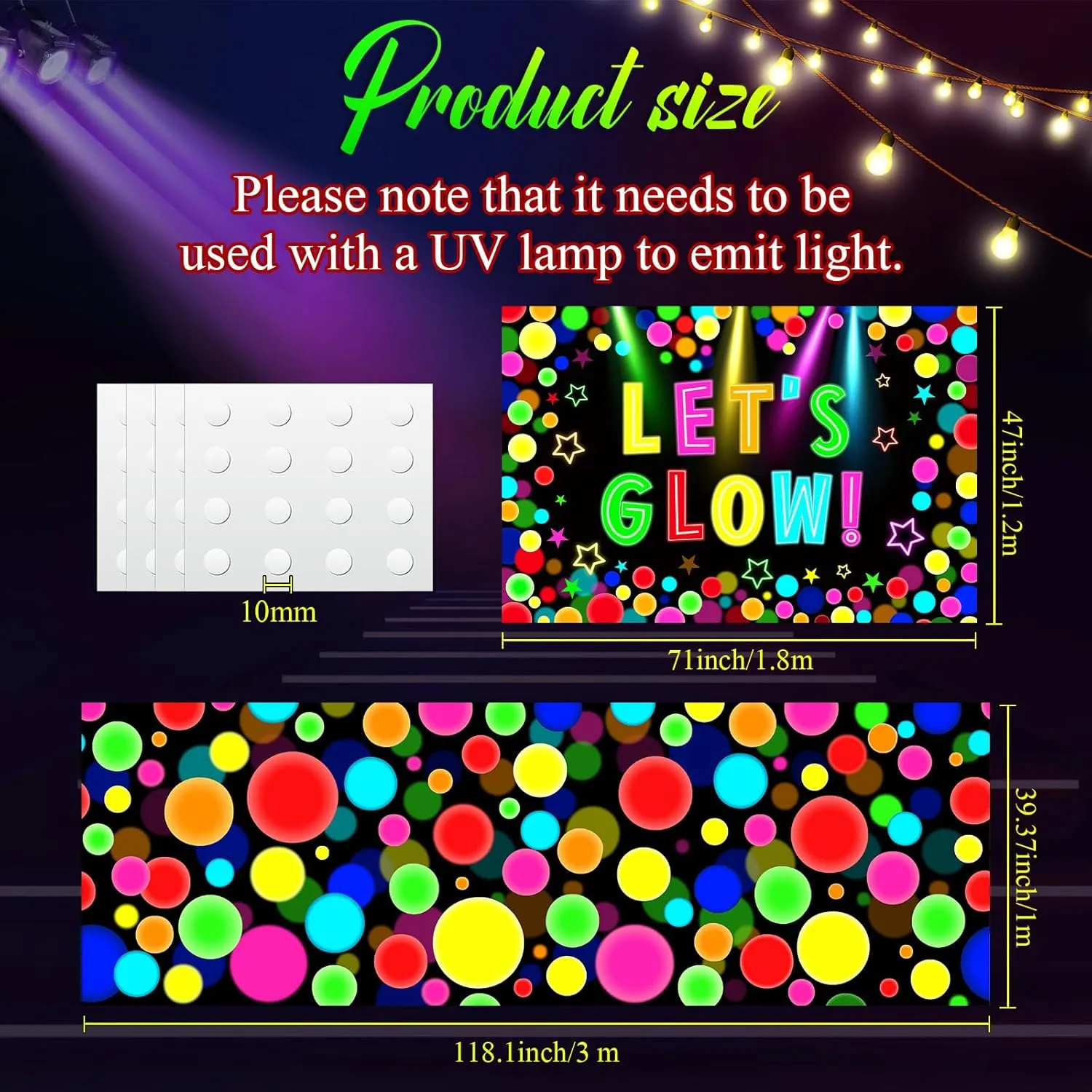 2 Pcs Neon Light up Dance Floor Glow in The Dark Aisle Runner and Disco Backdrop UV Reactive Fluorescent Runner for Birthday 70s 80s 90s Dance Wedding Neon Party Decoration (Circle Style)