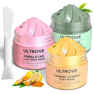 3-in-1 Clay Mask Set for Face | Green Tea, Turmeric Vitamin C & Himalayan Pink Clay | Deep Cleansing, Pore Refining, Moisturizing Facial Mask Kit (3.5oz Each)   Silicone Brush