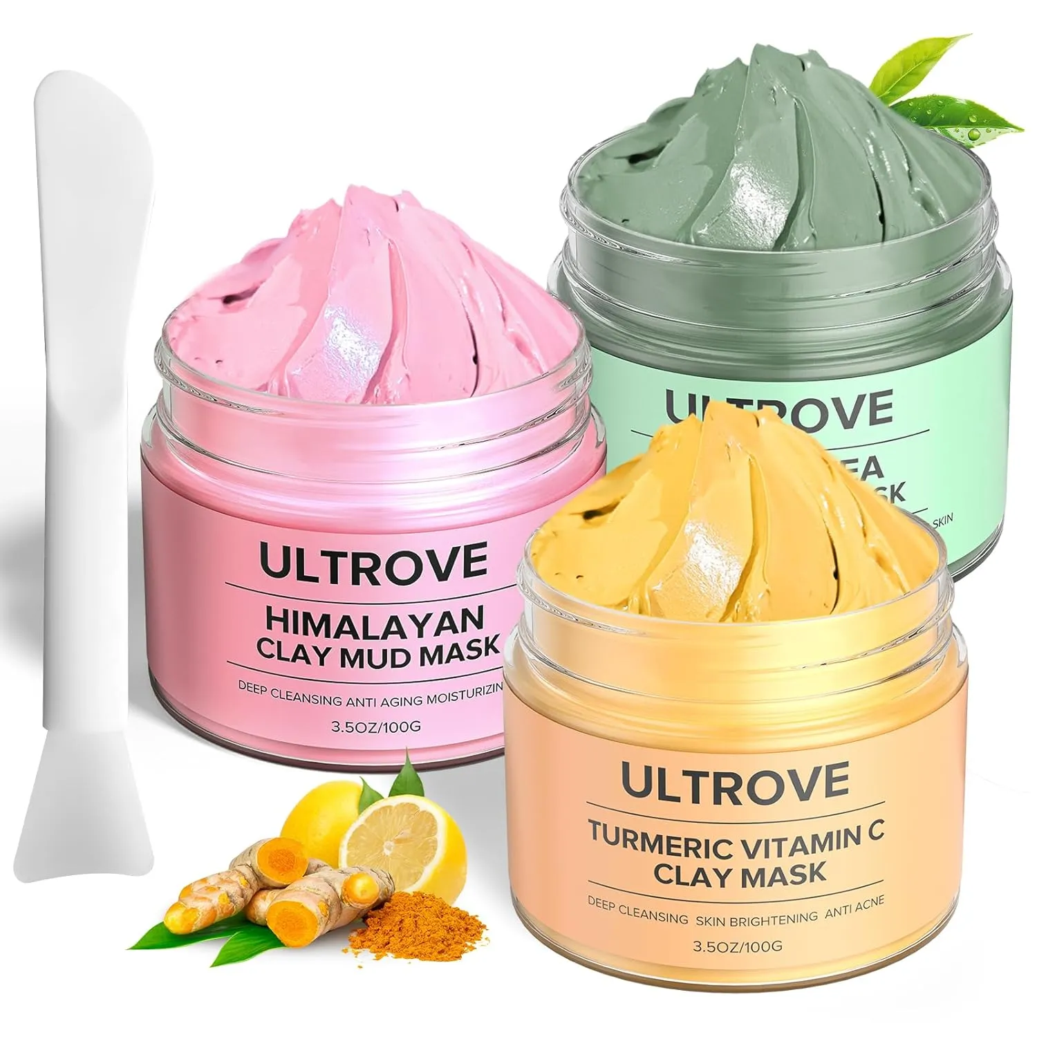 3-in-1 Clay Mask Set for Face | Green Tea, Turmeric Vitamin C & Himalayan Pink Clay | Deep Cleansing, Pore Refining, Moisturizing Facial Mask Kit (3.5oz Each)   Silicone Brush