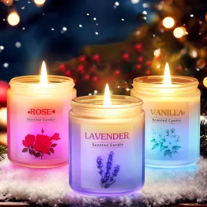 3 Pack Glowing Scented Candles with Sensor Light, Aromatherapy Candles Gifts for Women, Rose Vanilla Lavender Candle, Natural Soy Candle for Home Scented, Ideal Valentine‘s Day Gifts