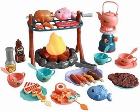 45PCS Kids Camping Set, BBQ Grill Toys Set for Kids – Pretend Play Cooking Set with LED Flame Effect, Realistic Food & Accessories | Outdoor Camping Role-Play Gift for Ages 3 