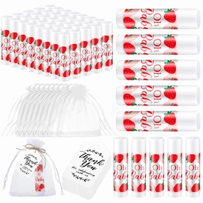 50 Sets Baby Shower Favors Lip Balm with Organza Gift Bags strawberry Lip Balm Thank Card Tags for Gender Reveal Lipstick Baby Shower Basket Gift Stuffers Birthday Party Supplies