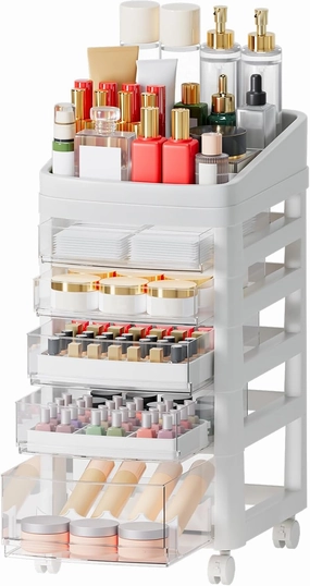 5 Tier Floor Makeup Organizer Storage with Detachable Compartments, Organized Arrangement, Transparent Standing Makeup Organizer, Makeup Storage Cart, No Complex Assembly