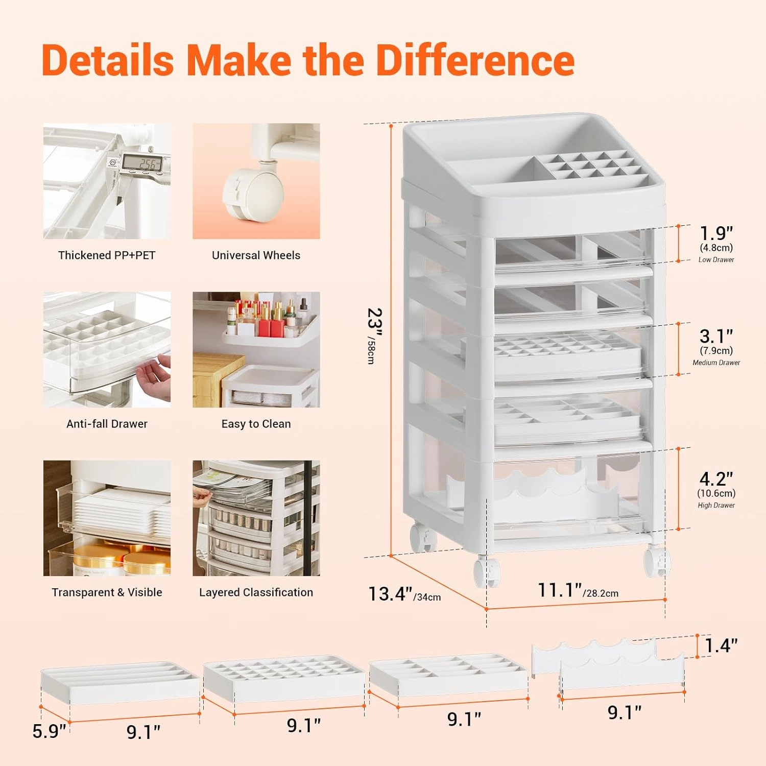 5 Tier Floor Makeup Organizer Storage with Detachable Compartments, Organized Arrangement, Transparent Standing Makeup Organizer, Makeup Storage Cart, No Complex Assembly