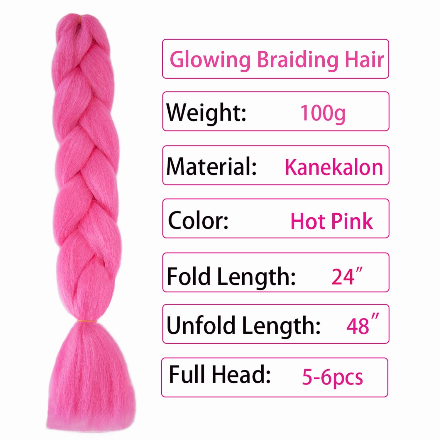 5pcs Hot Pink Braiding Hair Jumbo Braids Glow in the Dark Hair Pre Stretched 24inch Synthetic Colored Hair Extensions for Box Braids