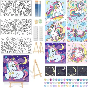 6 Pack Glow in The Dark Unicorn Paint by Numbers for Kids - Predrawn Canvas Arts and Crafts with 50 Paints,12 Brushes 2 Easels, DIY Acrylic Oil Painting Kits for Boys Girls Beginners, Home Wall Decor