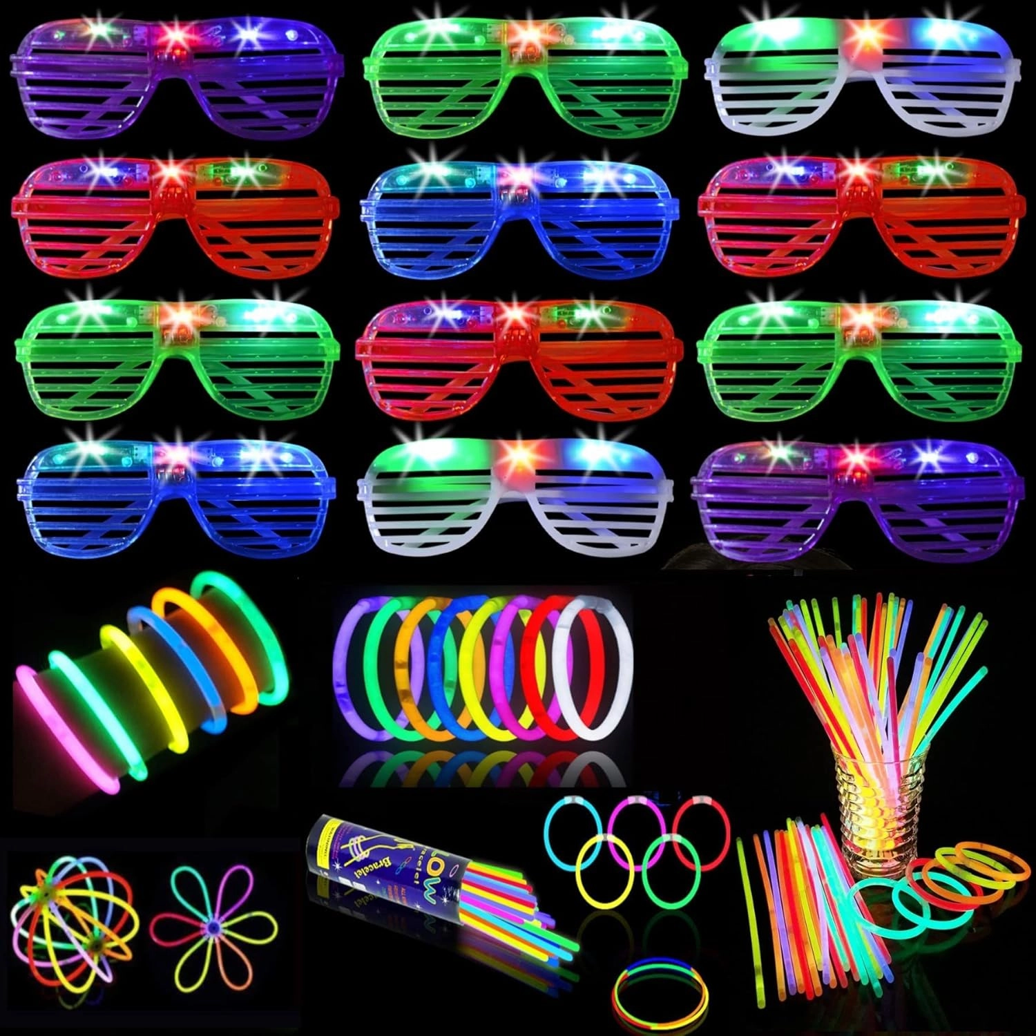 62 Pcs LED Light Up Party Favors 12 Glow Glasses with 50 Glow Sticks Necklaces Bracelets Bulk Light Up Toys for Christmas Easter 4th of July Party Favors Neon Carnival