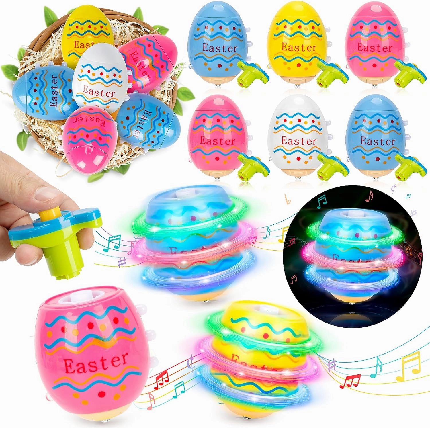 6 Pack Easter Basket Stuffers Light Up Spinning Eggs with Music, Easter Gifts for Kids Toddler Boys Girls Ages 3 , Glow in The Dark Easter Eggs Spinner Toys, Easter Egg Fillers for Hunts Party Favors
