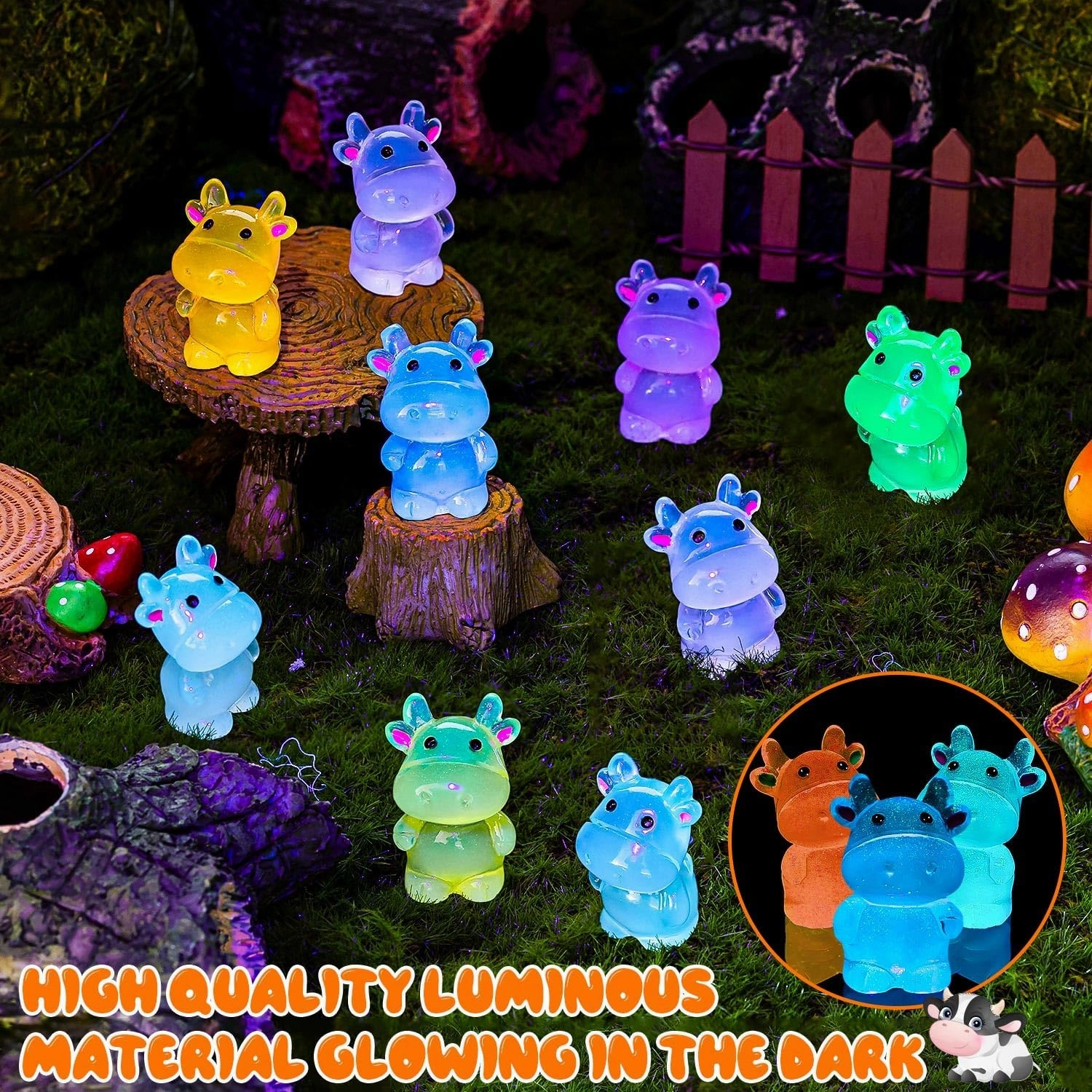 80PCS Luminous Mini Resin Cow Cute Cow Figurines Glow in The Dark, Miniature Cows for Miniature Micro Garden Landscape Dollhouse Ornamet Aquarium Cake Topper DIY Crafts (10 Colors)