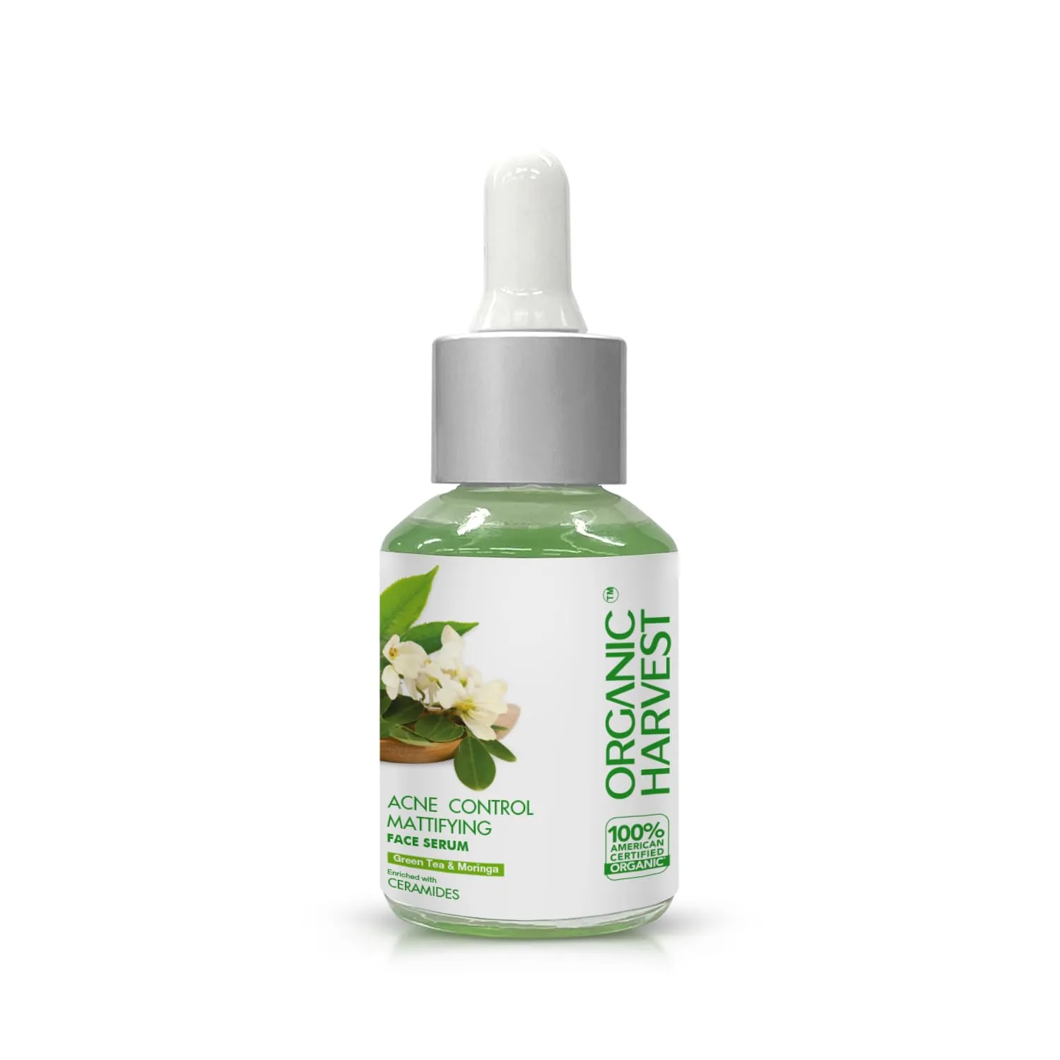 Acne Control Mattifying Face Serum: Green Tea & Moringa | For Oily & Combination Skin, Fights Pimples & Acne, 100% American Certified Organic, Paraben & Sulphate Free – 30ml