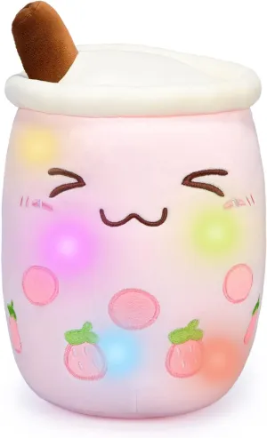 AIXINI Light up Boba Stuffed Plush Bubble Tea Pillow with LED Colorful Night Lights Glowing Super Soft-Pink,13.7''