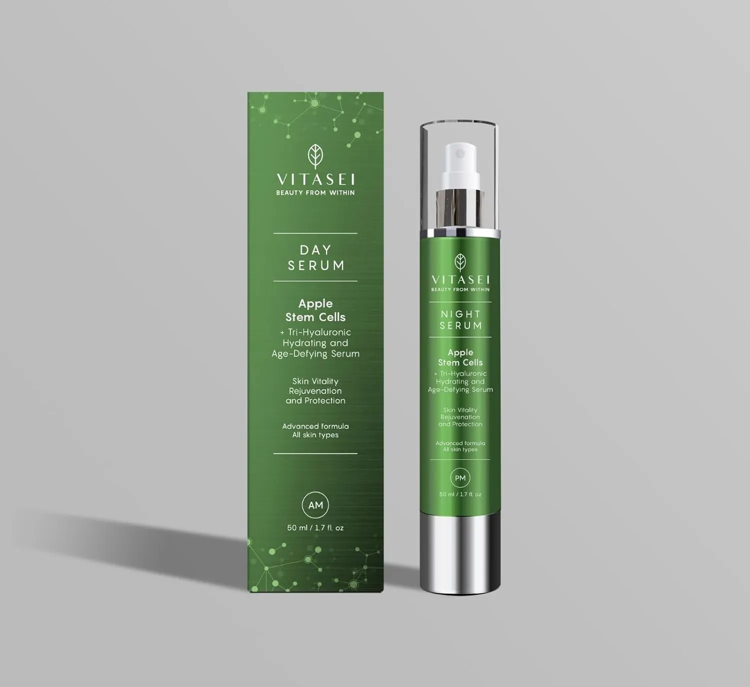 AM Day Serum W/Apple Stem Cells, Hyaluronic Acid, Green Tea, Chamomile Extract, Orange, Vitamin C, Olive & Aloe Vera for Face - Anti-Aging & Moisturizing Facial Serum for Women - 1.7 Fl oz