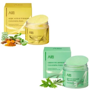 ANAI RUI Exfoliating Cleansing Pads,Brighten with Turmeric Kojic Acid   Soothe with Green Tea Rosemary! Exfoliate, Fight Acne, Even Skin & Remove Makeup, Acne Treatment, Skin Tone Evening,50 PCS