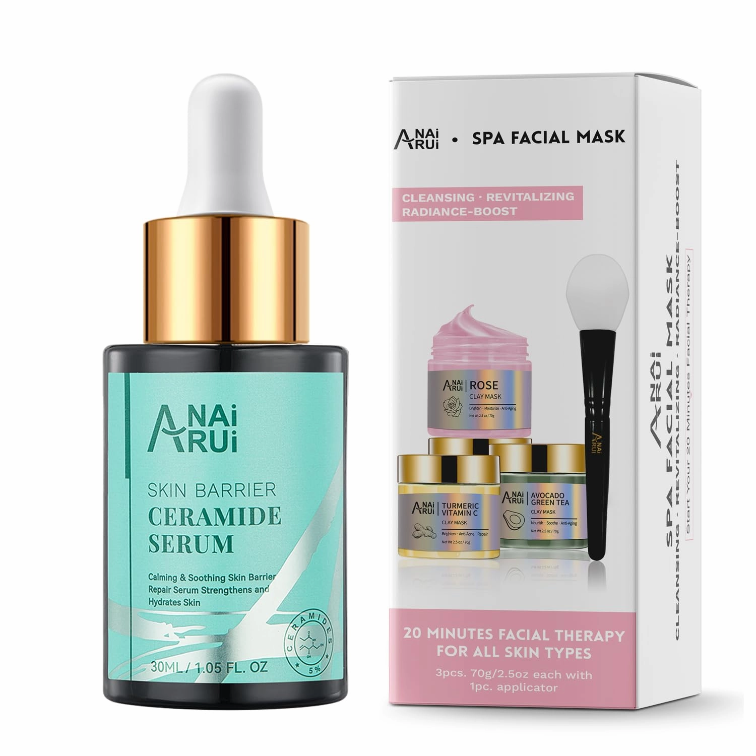 ANAI RUI SPA Mask Kit,Turmeric Vitamin C Mask,Rose Facial Mask-Avocado Green Tea Mud Mask Ceramide Skin Barrier Serum,Skin Barrier Repair