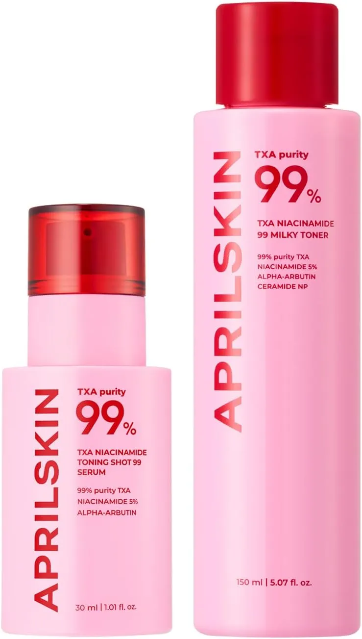 APRILSKIN TXA Daily Toning Care Duo: TXA Niacinamide Toning Shot 99 Spicule Facial Serum and TXA Niacinamide 99 Pink Milky Toner