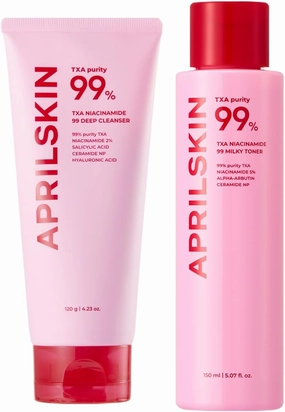 APRILSKIN TXA Affordable Daily Skincare Set: TXA Niacinamide 99 Pore Care Pink Bubble Gum Deep Cleanser and TXA Niacinamide 99 Pink Milky Toner