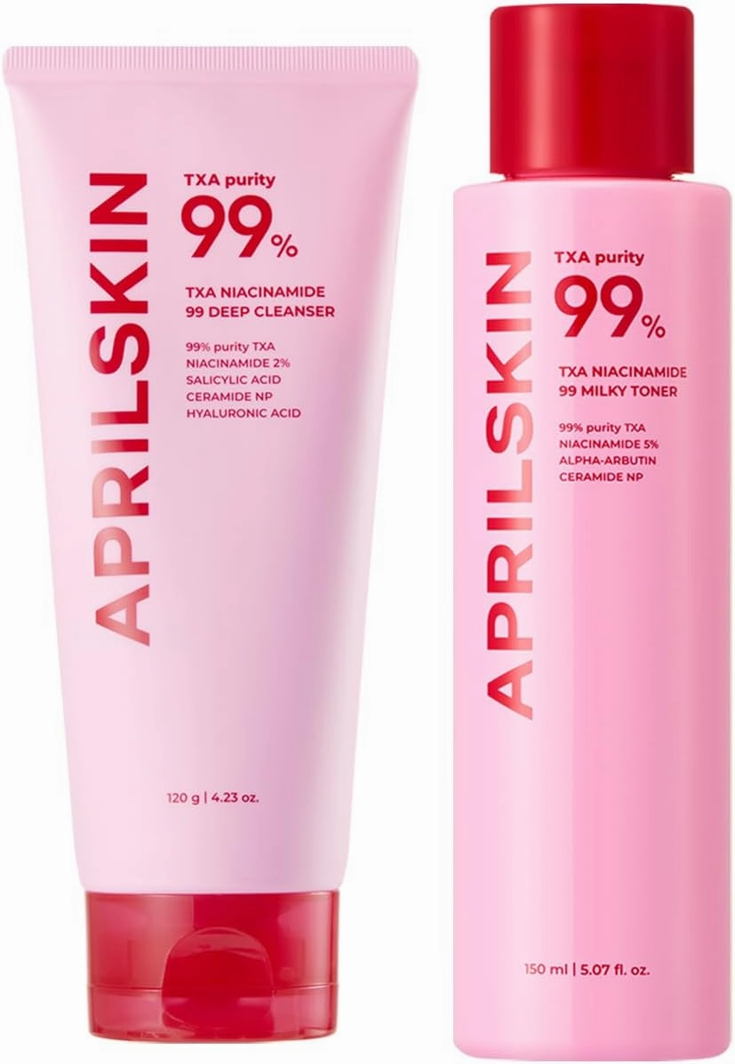 APRILSKIN TXA Affordable Daily Skincare Set: TXA Niacinamide 99 Pore Care Pink Bubble Gum Deep Cleanser and TXA Niacinamide 99 Pink Milky Toner