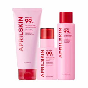 APRILSKIN TXA Deep Cleansing & Hydrating Trio: TXA Niacinamide 99 Pore Care Pink Bubble Gum Deep Cleanser, TXA Niacinamide Toning Shot 99 Spicule Facial Serum and TXA Niacinamide 99 Pink Milky Toner