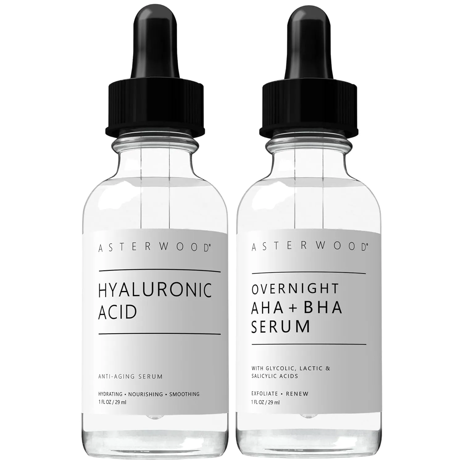 Asterwood Hyaluronic Acid Serum 1 oz   Overnight AHA BHA Serum 1 oz