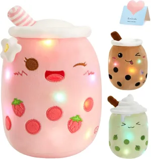 Athoinsu Light Up Strawberry Milky Tea Plush Pillow 15'' Kawaii Stuffed Bubble Animal Toy with LED Lights Birthday Christmas Holiday Valentines Gifts for Kids,Girls,Boys
