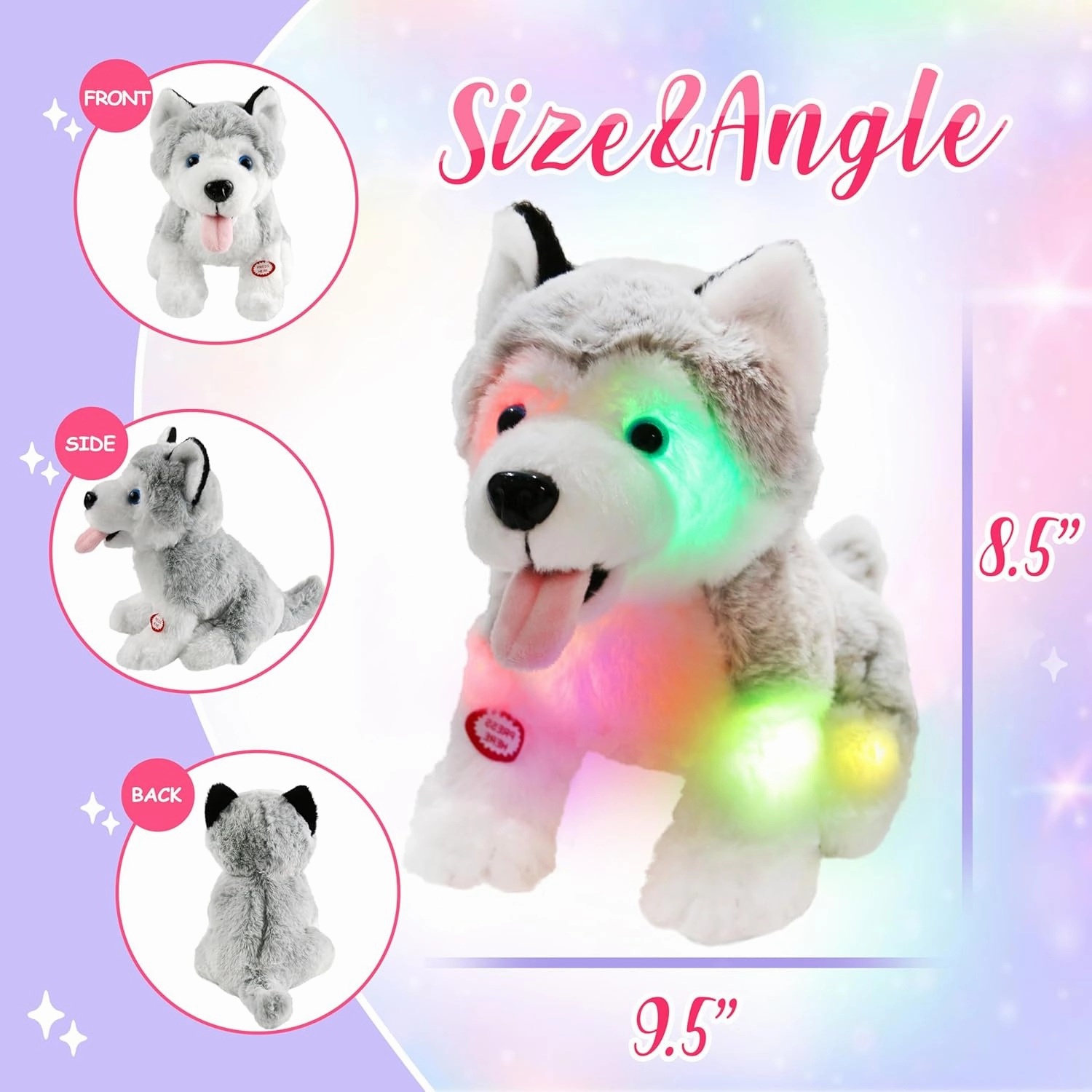 Athoinsu Light up Husky Dog Stuffed Animal Soft Glowing Plush Puppy Toy with Magic LED Night Lights Children's Day Birthday for Toddler Kids, 8''