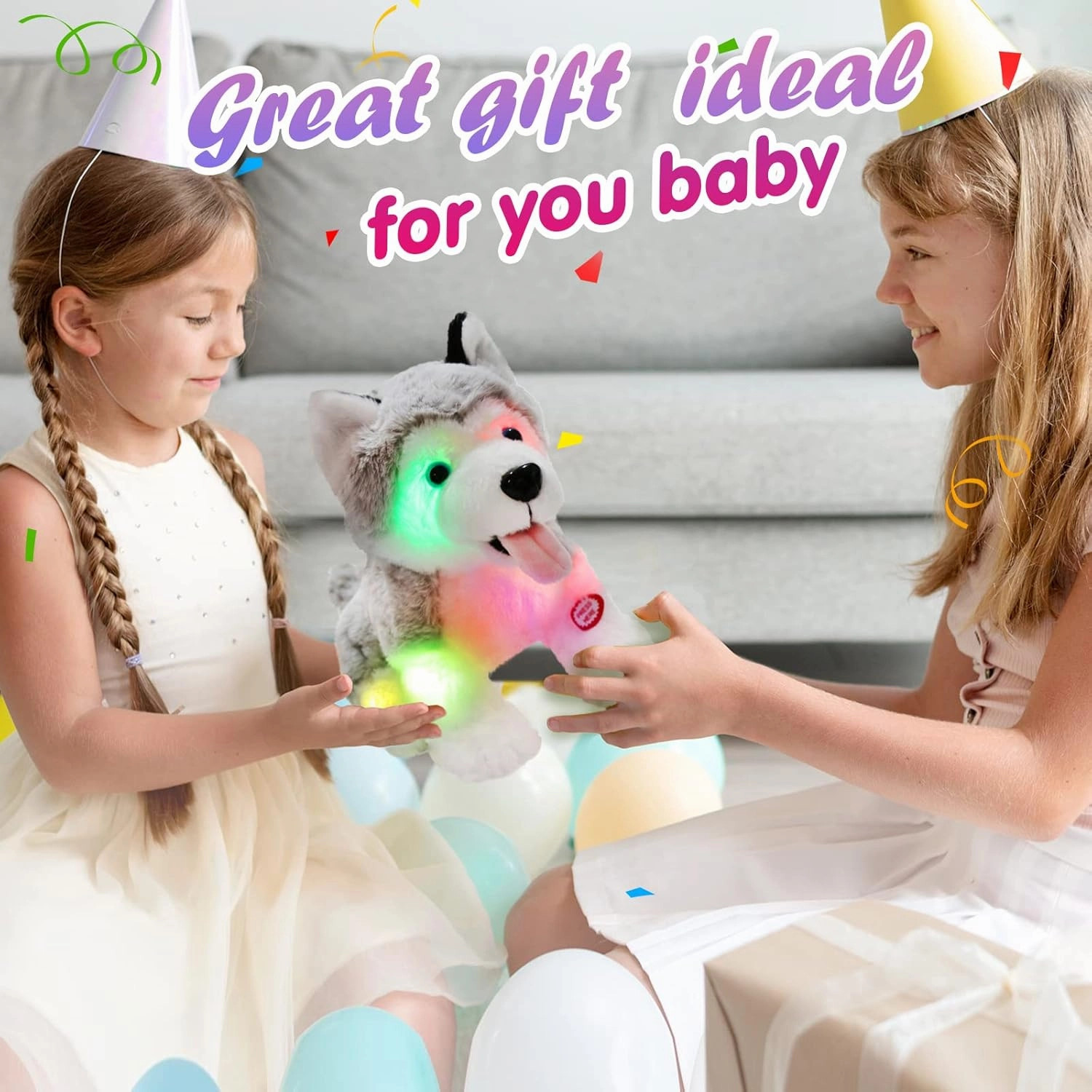Athoinsu Light up Husky Dog Stuffed Animal Soft Glowing Plush Puppy Toy with Magic LED Night Lights Children's Day Birthday for Toddler Kids, 8''