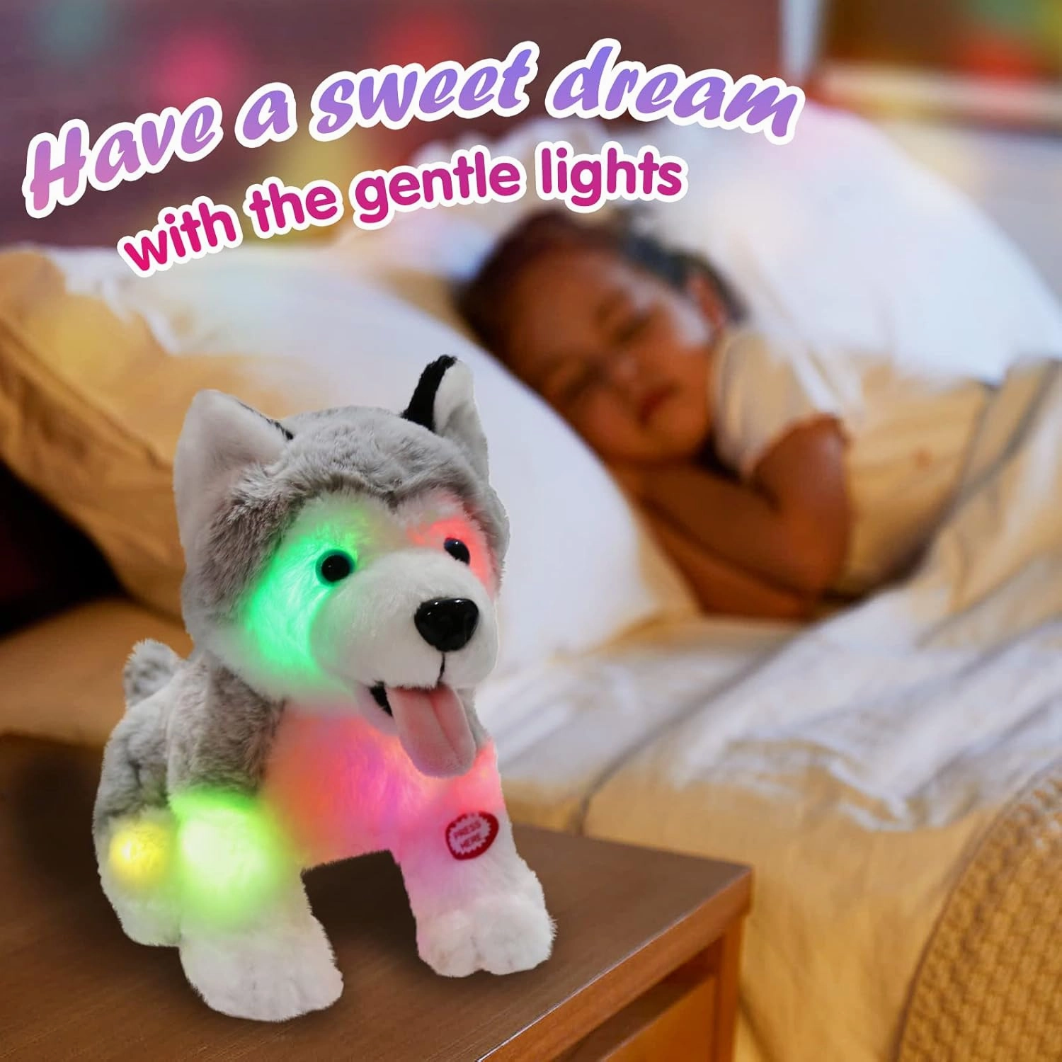 Athoinsu Light up Husky Dog Stuffed Animal Soft Glowing Plush Puppy Toy with Magic LED Night Lights Children's Day Birthday for Toddler Kids, 8''