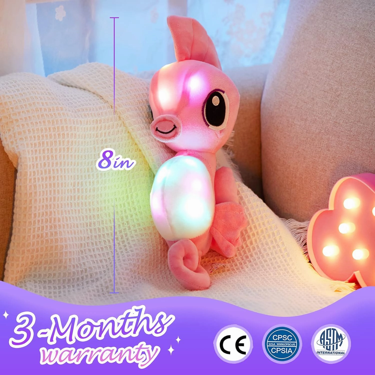 Athoinsu Light up Seahorse Stuffed Animals LED Soft Ocean Life Plush Toy with Night Light Bedtime Pal Birthday Children's Day Gifts for Toddler Kids, 8'' (Pink)