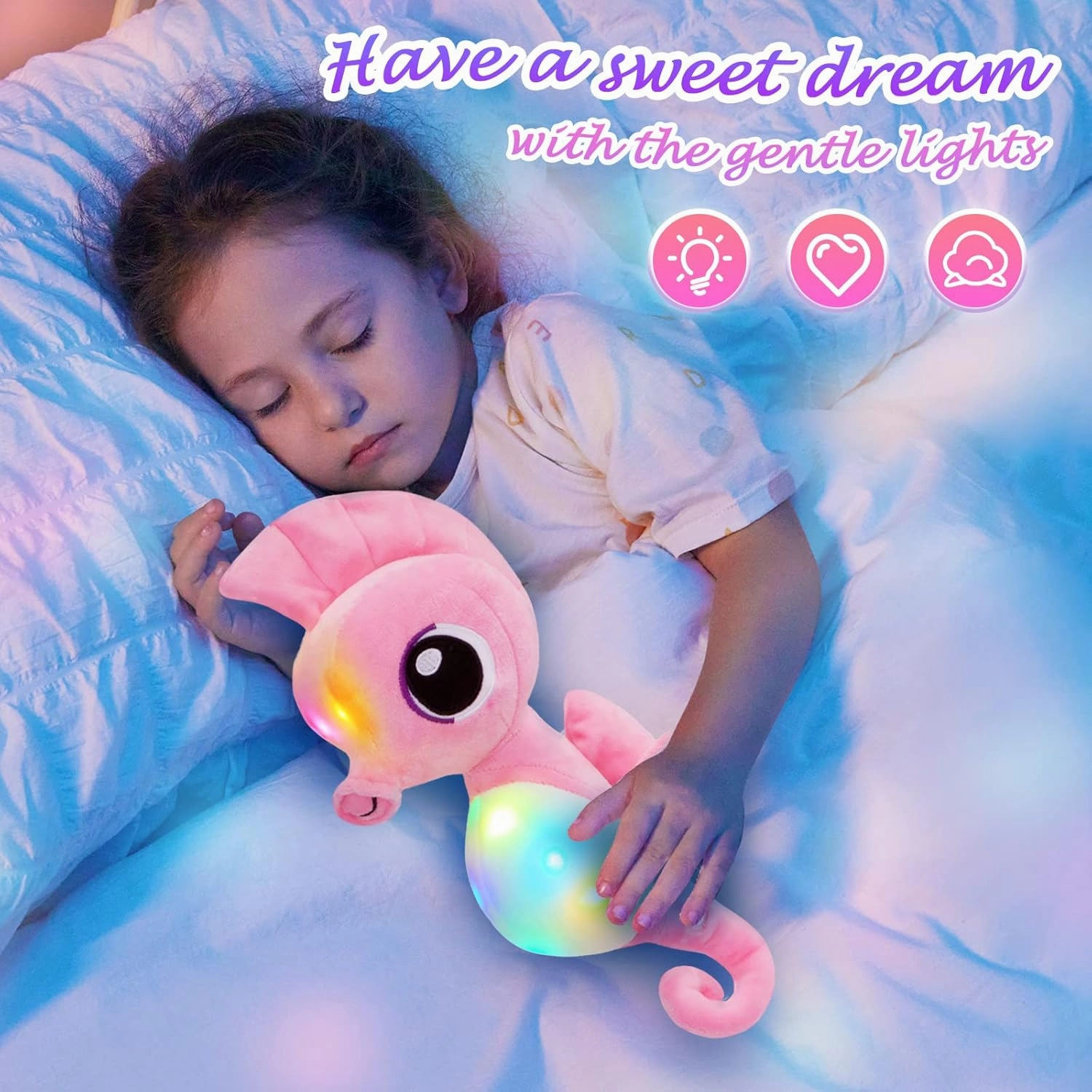 Athoinsu Light up Seahorse Stuffed Animals LED Soft Ocean Life Plush Toy with Night Light Bedtime Pal Birthday Children's Day Gifts for Toddler Kids, 8'' (Pink)