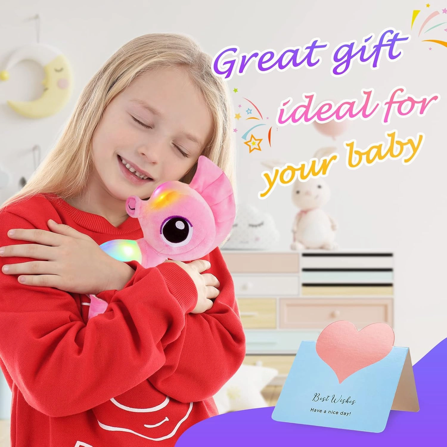 Athoinsu Light up Seahorse Stuffed Animals LED Soft Ocean Life Plush Toy with Night Light Bedtime Pal Birthday Children's Day Gifts for Toddler Kids, 8'' (Pink)
