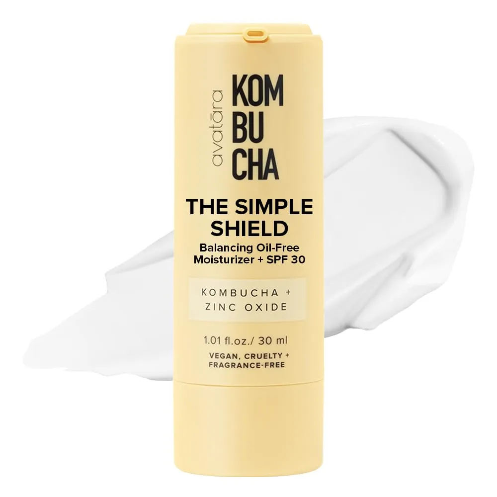 Avatara - Kombucha The Simple Shield Face Sunscreen, Zinc Oxide SPF Moisturizer, Moisturizer with BHA and Hyaluronic Acid, Mineral Sunscreen for Face, Teen Skincare, 1.01 fl. Oz.