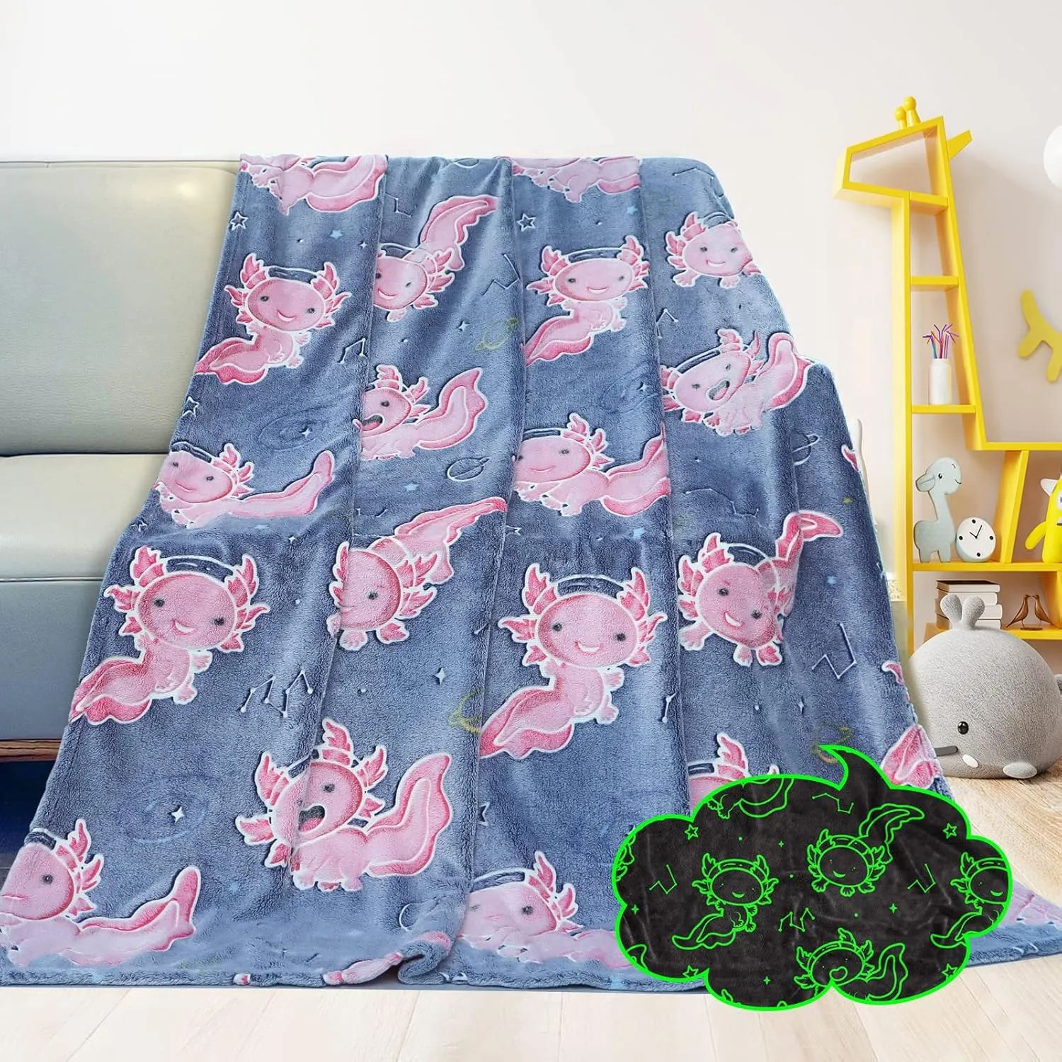 Axolotl Blanket for Kids Glow in The Dark Salamander Blanket Pink Cute Soft Cozy Blue Throw Gifts for Boys Teens Girls Toddlers Birthday