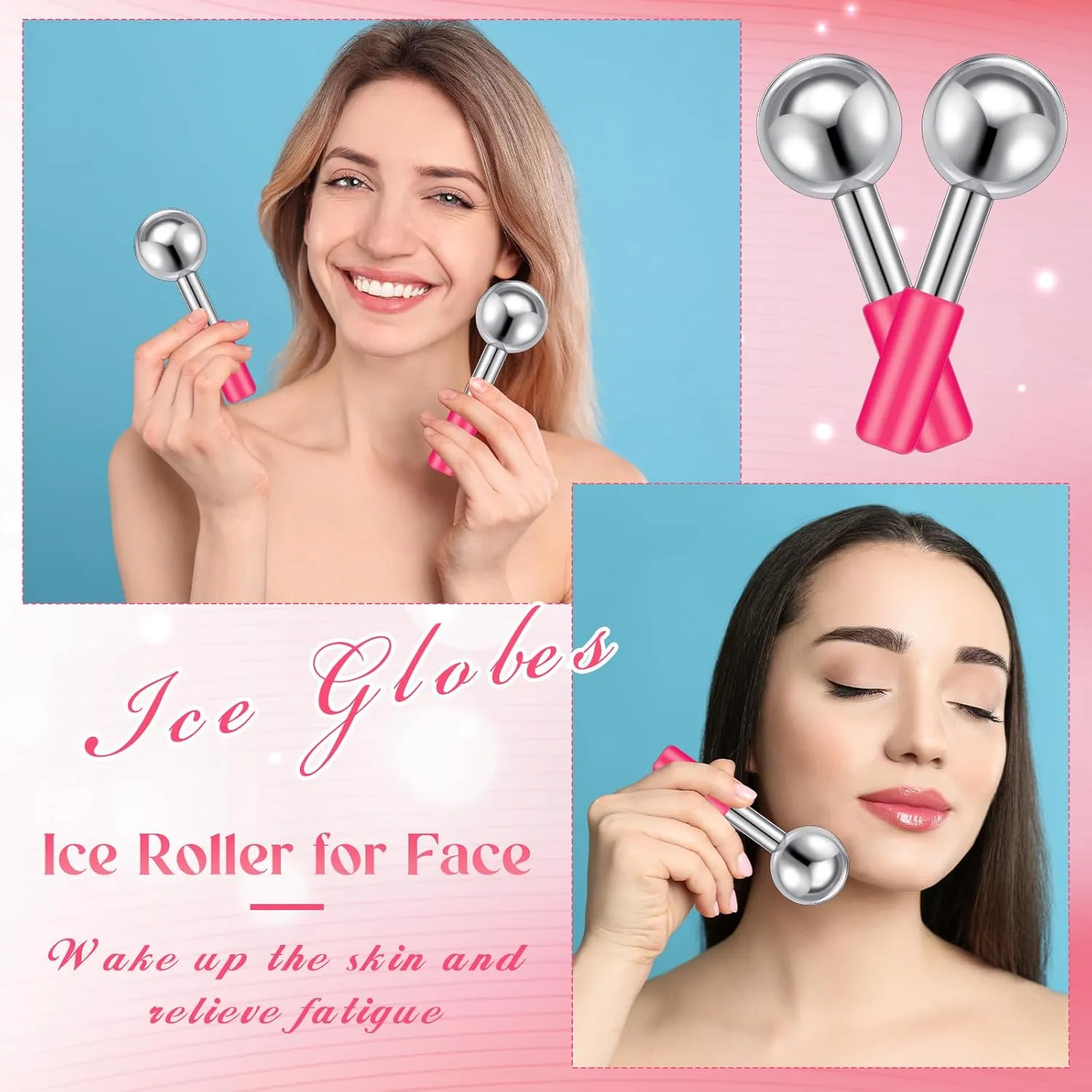 Baderke 2 Pcs Ice Globes for Face Stainless Steel Cooling Globes Unbreakable Cooling Roller Women Ice Balls Cryo Sticks Face Skin Care for Dark Circles, Puffiness(Silver (pink Handle))