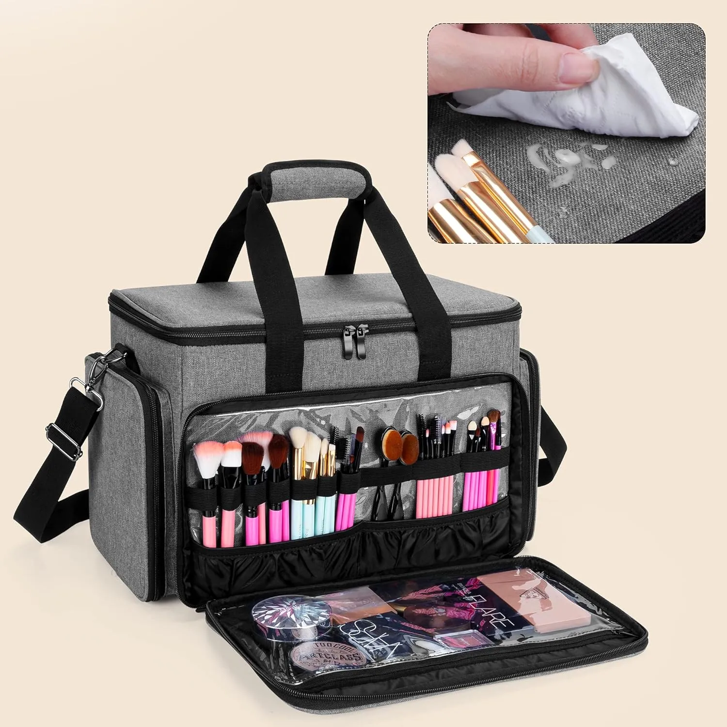 BAFASO Large Cosmetic Bag Makeup Bag with Adjustable Dividers, Travel Makeup Case Holds Cosmetics and Hair Supplies, Gray