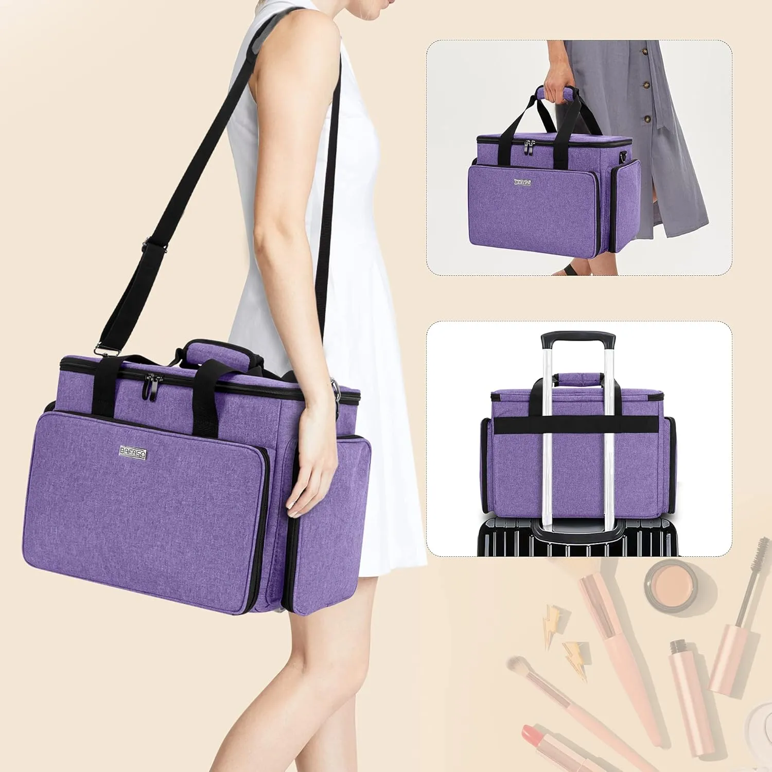 BAFASO Large Cosmetic Bag Makeup Bag with Adjustable Dividers, Travel Makeup Case Holds Cosmetics and Hair Supplies, Purple