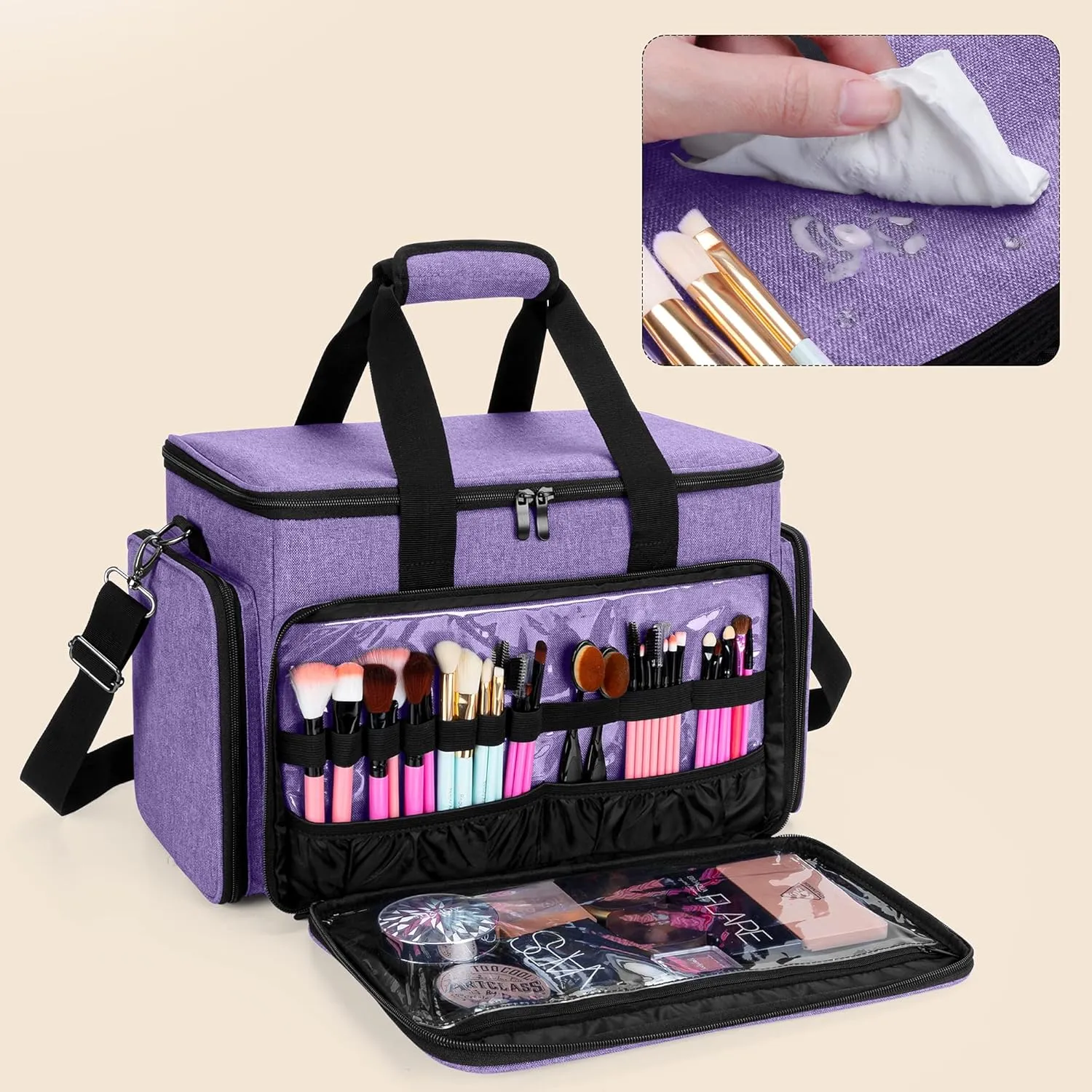 BAFASO Large Cosmetic Bag Makeup Bag with Adjustable Dividers, Travel Makeup Case Holds Cosmetics and Hair Supplies, Purple