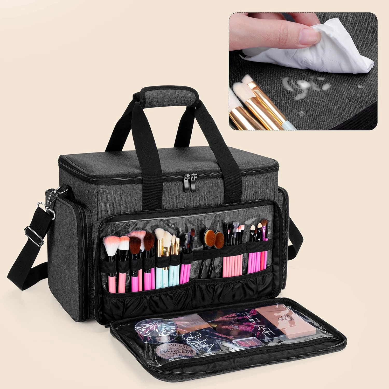 BAFASO Large Cosmetic Bag Makeup Bag with Adjustable Dividers, Travel Makeup Case Holds Cosmetics and Hair Supplies, Black