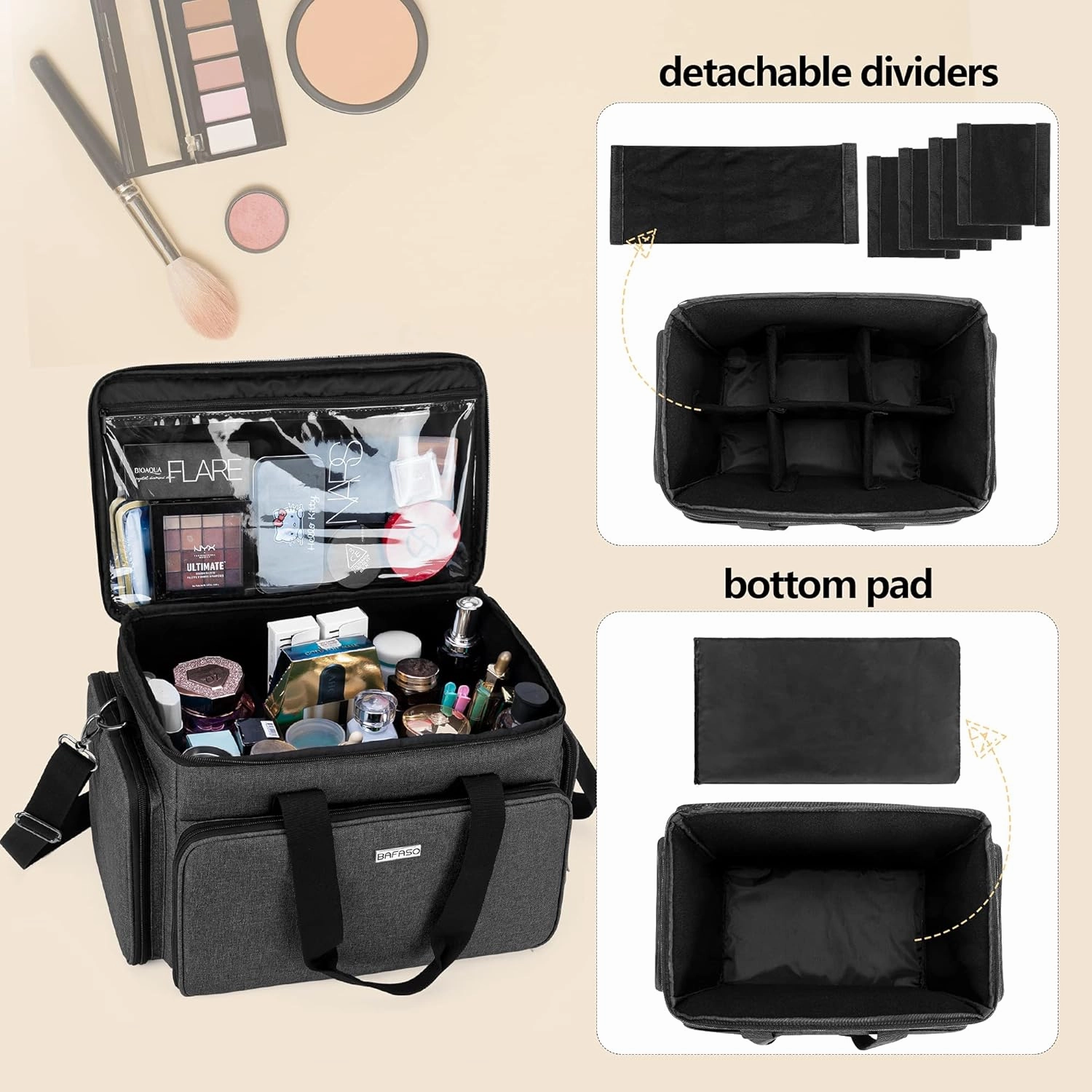 BAFASO Large Cosmetic Bag Makeup Bag with Adjustable Dividers, Travel Makeup Case Holds Cosmetics and Hair Supplies, Black