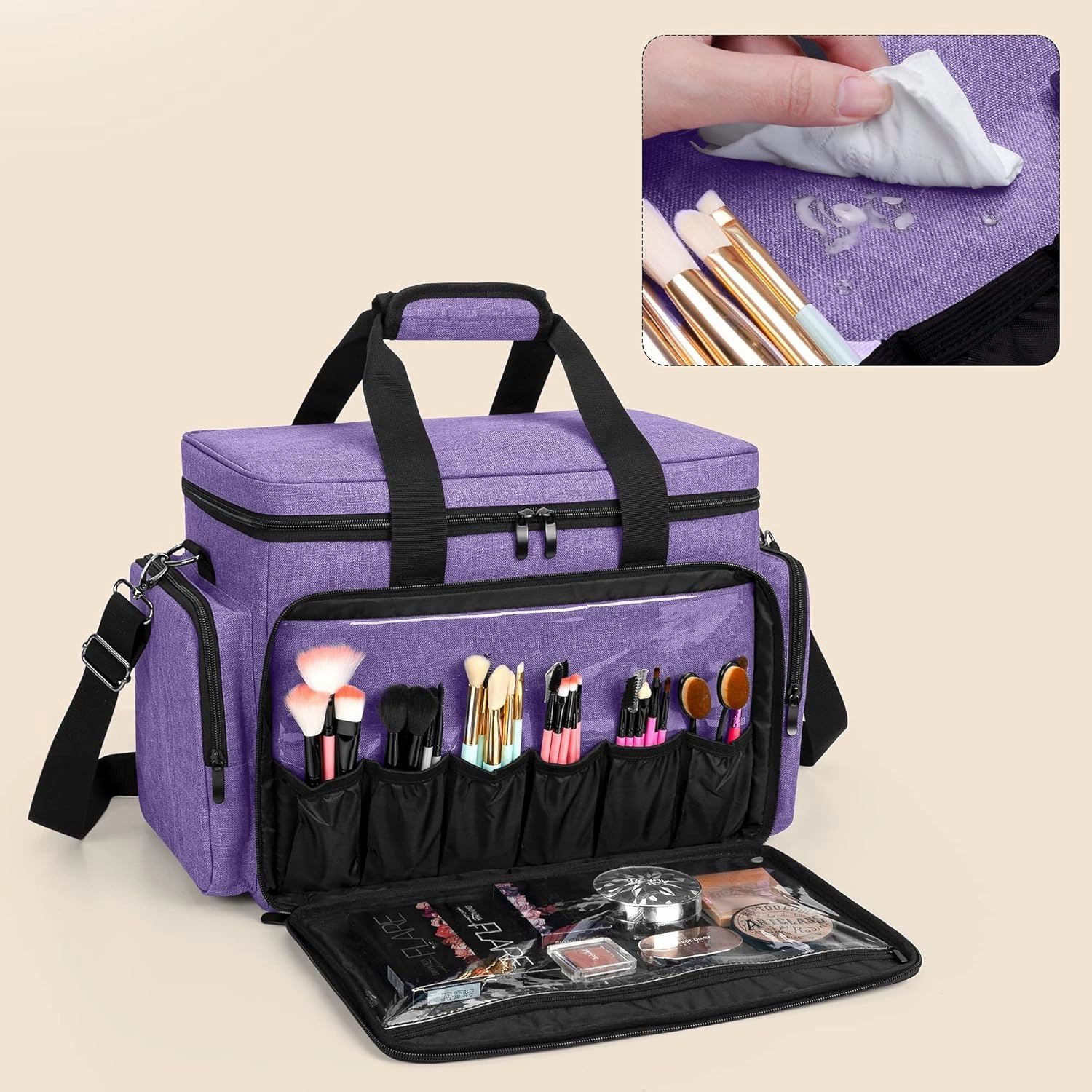BAFASO Large Makeup Bag Cosmetic Bag with Removable Dividers, Travel Makeup Case Holds Cosmetics and Hair Supplies, Purple