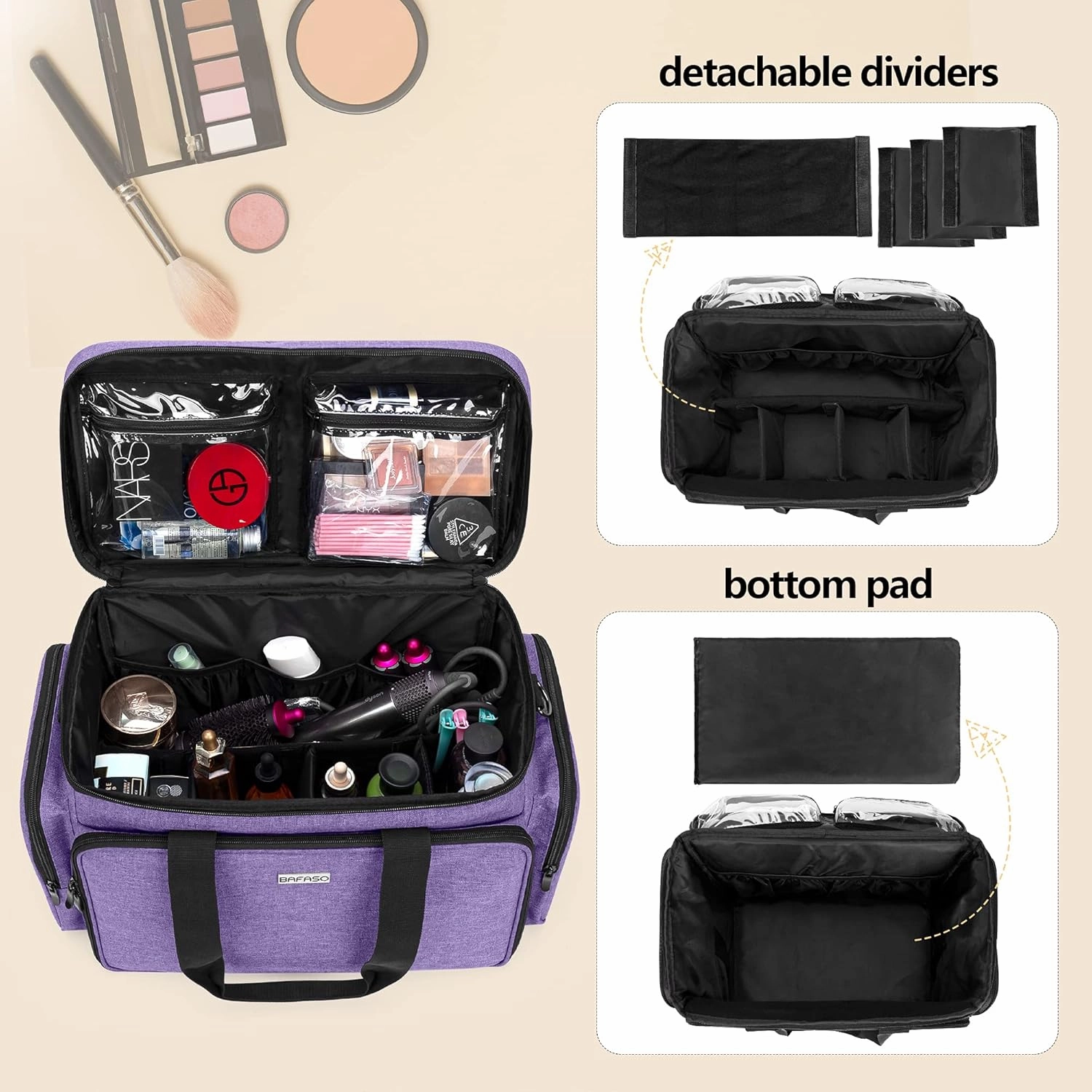 BAFASO Large Makeup Bag Cosmetic Bag with Removable Dividers, Travel Makeup Case Holds Cosmetics and Hair Supplies, Purple