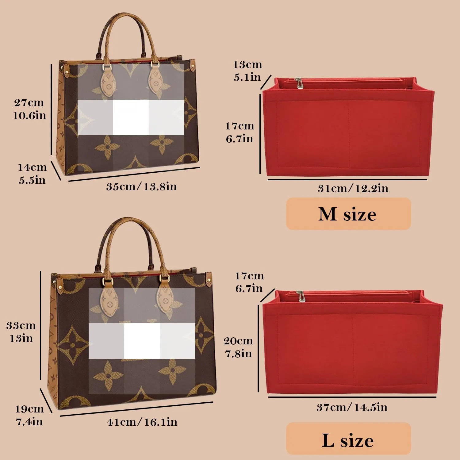Bag Purse Organizer With Zipper, Tote Organizer Insert For LV ONTHEGO (L,(14.5x6.7x7.8),Red)