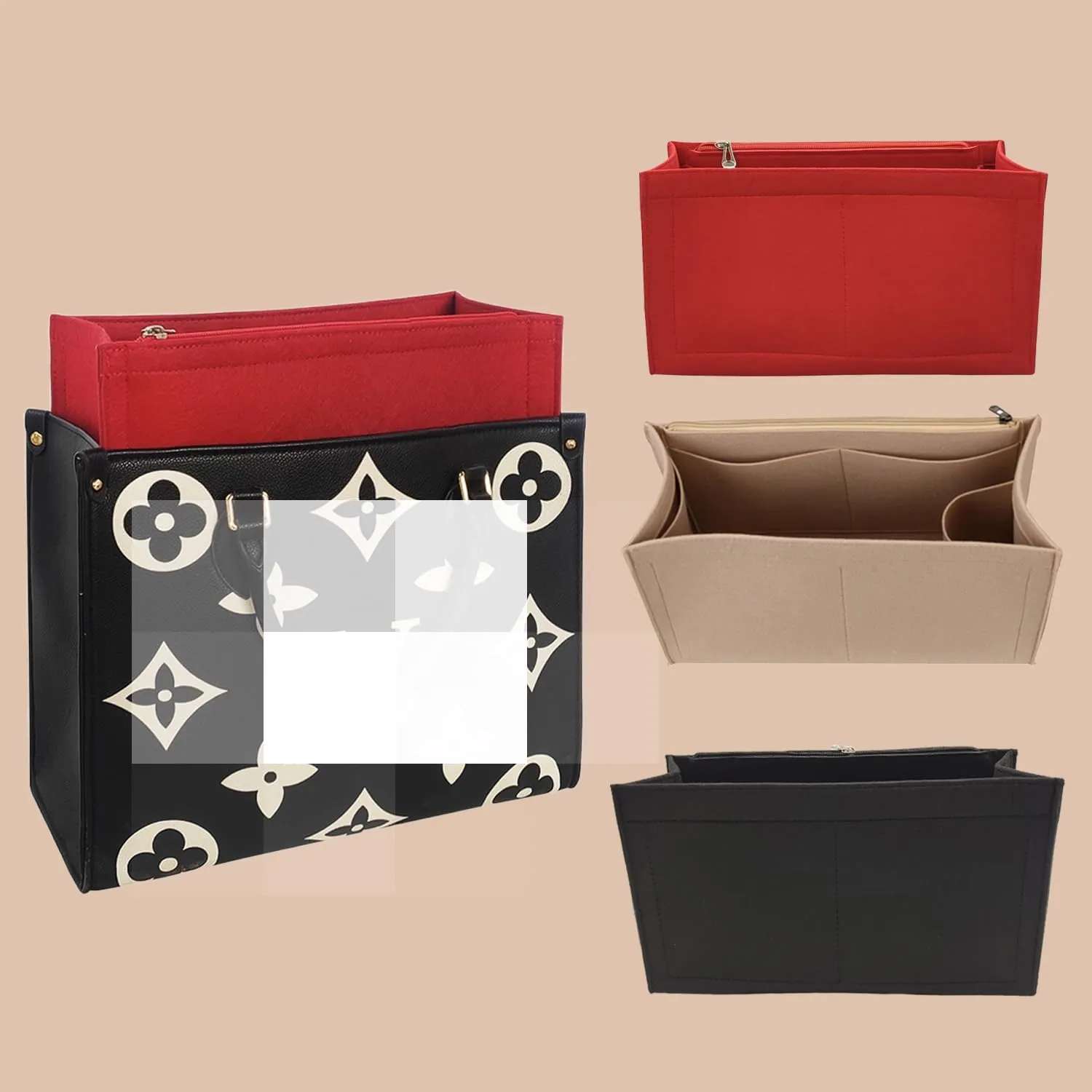 Bag Purse Organizer With Zipper, Tote Organizer Insert For LV ONTHEGO (L,(14.5x6.7x7.8),Red)